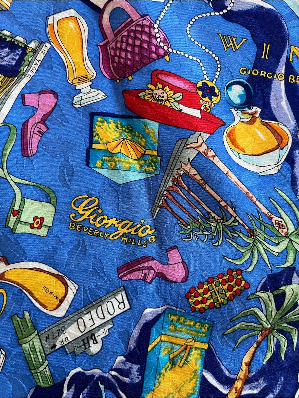 Vintage Giorgio Beverly Hills Blue Patterned Silk Large Scarf Wrap - Picture 2 of 5